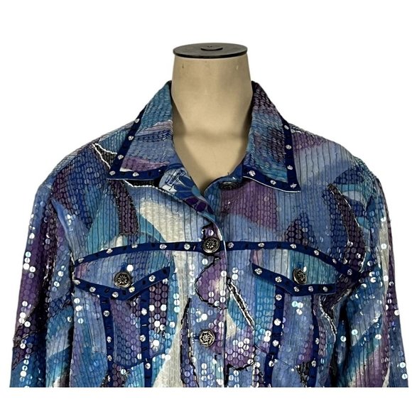 Sandy Starkman blue multicolor sequeined button-front jacket size Large - Picture 3 of 9